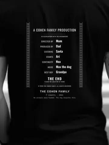 Your Credits, personalised, printed on the back of a black tee