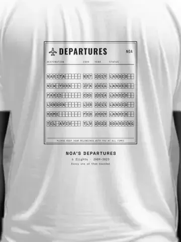 Your Flights, personalised, printed on the back of a white tee