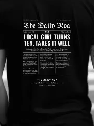 Your Front Page, personalised, printed on the back of a black tee