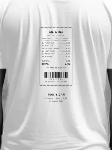 Your Receipt, personalised, printed on the back of a white tee