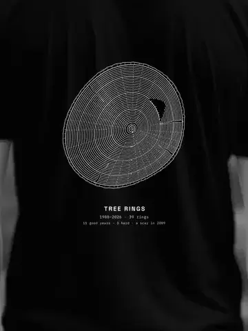 Your Tree Rings, personalised, printed on the back of a black tee