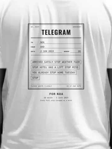 Your Telegram, personalised, printed on the back of a white tee